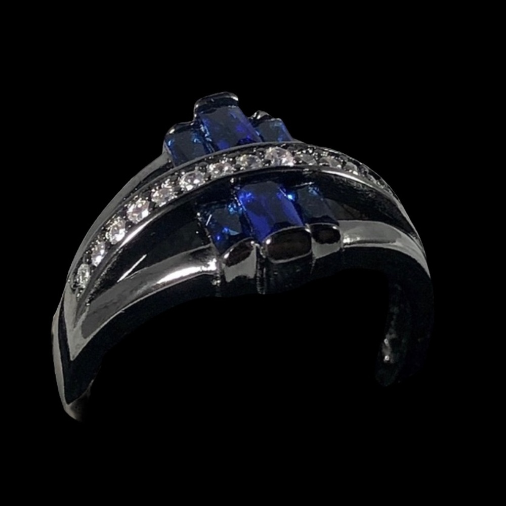 Blue sapphire cubic zirconia stones gold plated black metal ring